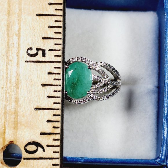 Emerald and White Zircon fancy openwork ring in Rhodium over 925 SS 2.08ct sz 8 - Picture 3 of 5